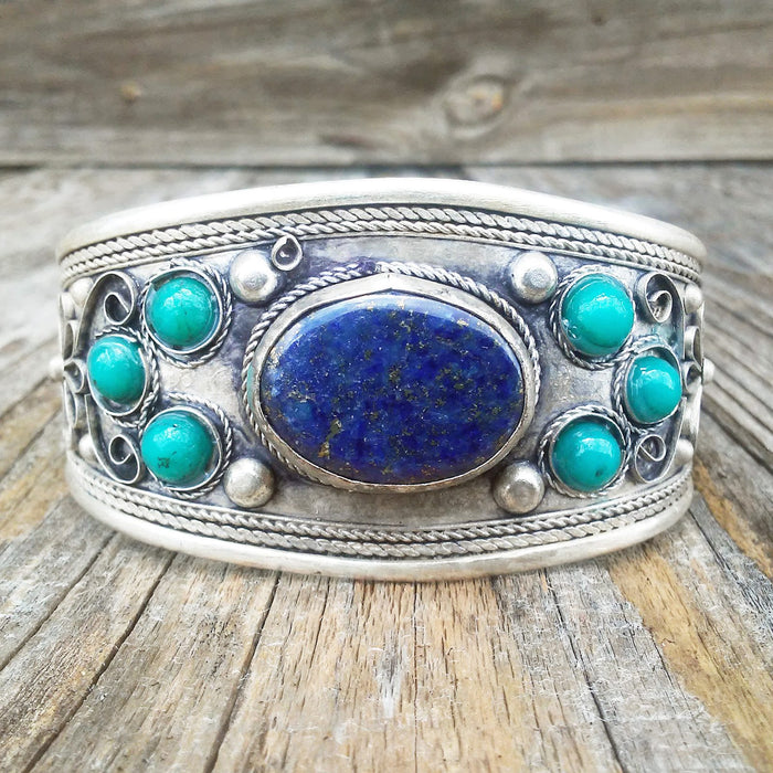 Tibetan Silver Lapis Lazuli Cuff Bracelet Unisex Adjustable Straight from Tibet