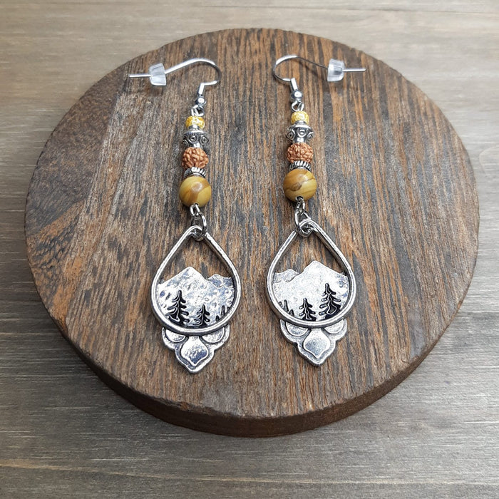 Arabesque Wanderer Earrings with Wood Jasper and Rudraksha Prayer Beads