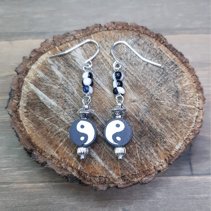 Fimo Clay Yin Yang Earrings with Silver Bi-cone Beads