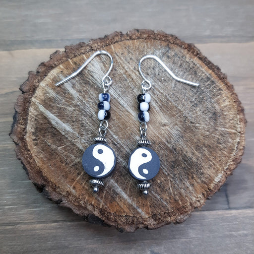 Fimo Clay Ying Yang Earrings with Silver Disc Beads