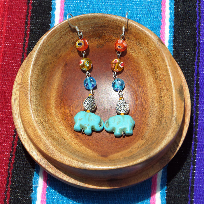 Indian Paisley Millefiori Glass Turquoise Blue Elephant Earrings