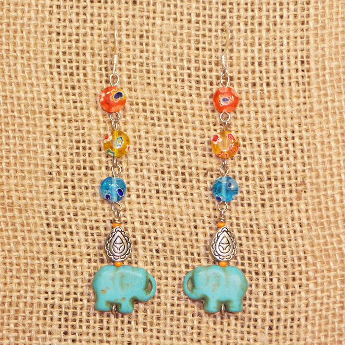 Indian Paisley Millefiori Glass Turquoise Blue Elephant Earrings