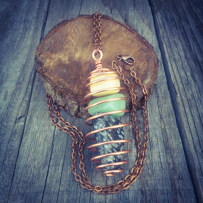 Hand Wrapped Spiral Copper Cage Triple Gemstone Necklace