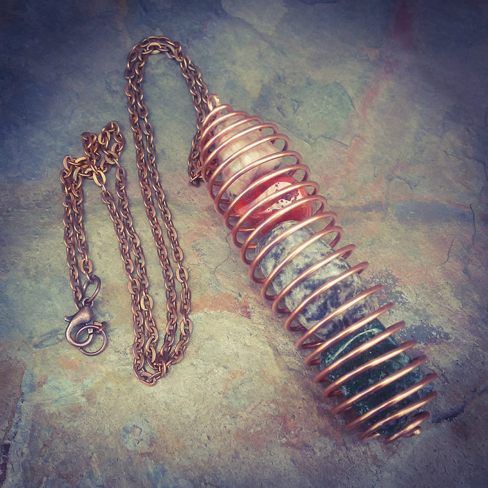 Spiral Copper Cage 4 Gemstone Necklace