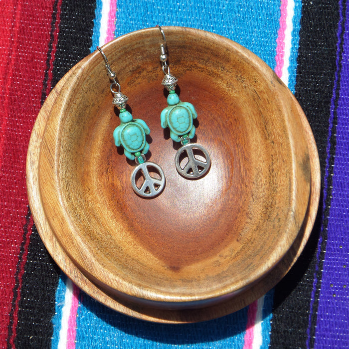 Boho Sapien Turquoise Blue Turtles and Peace Sign Earrings