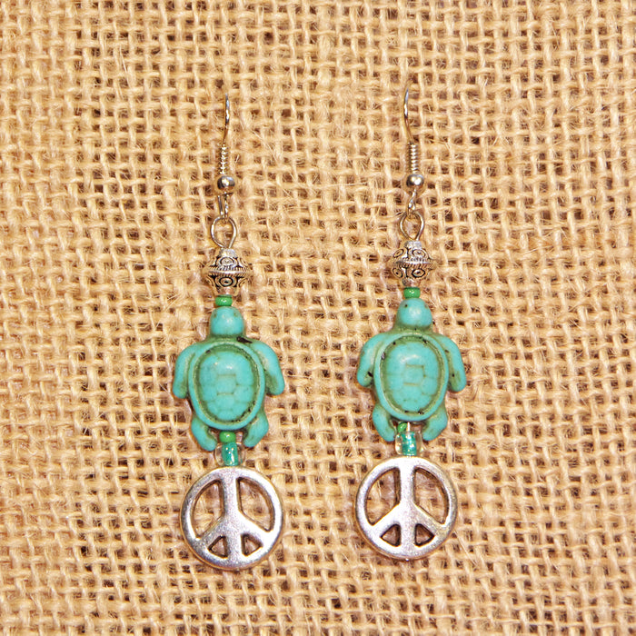 Boho Sapien Turquoise Blue Turtles and Peace Sign Earrings